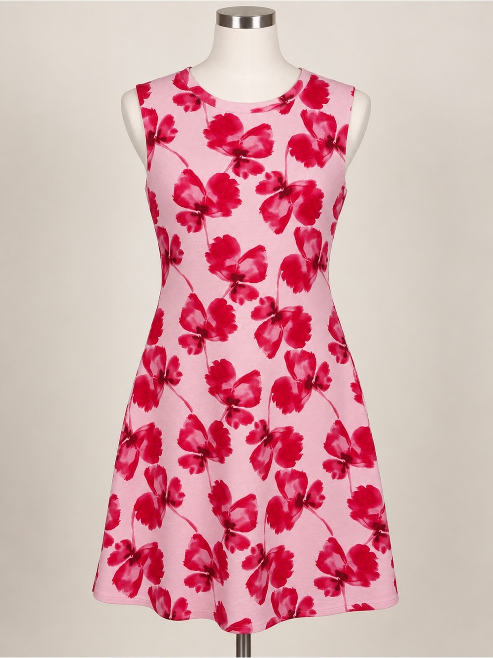 Zara Women’s NWT Knit Floral Dress Size M Pink Red Stretch Sleeveless A-Line